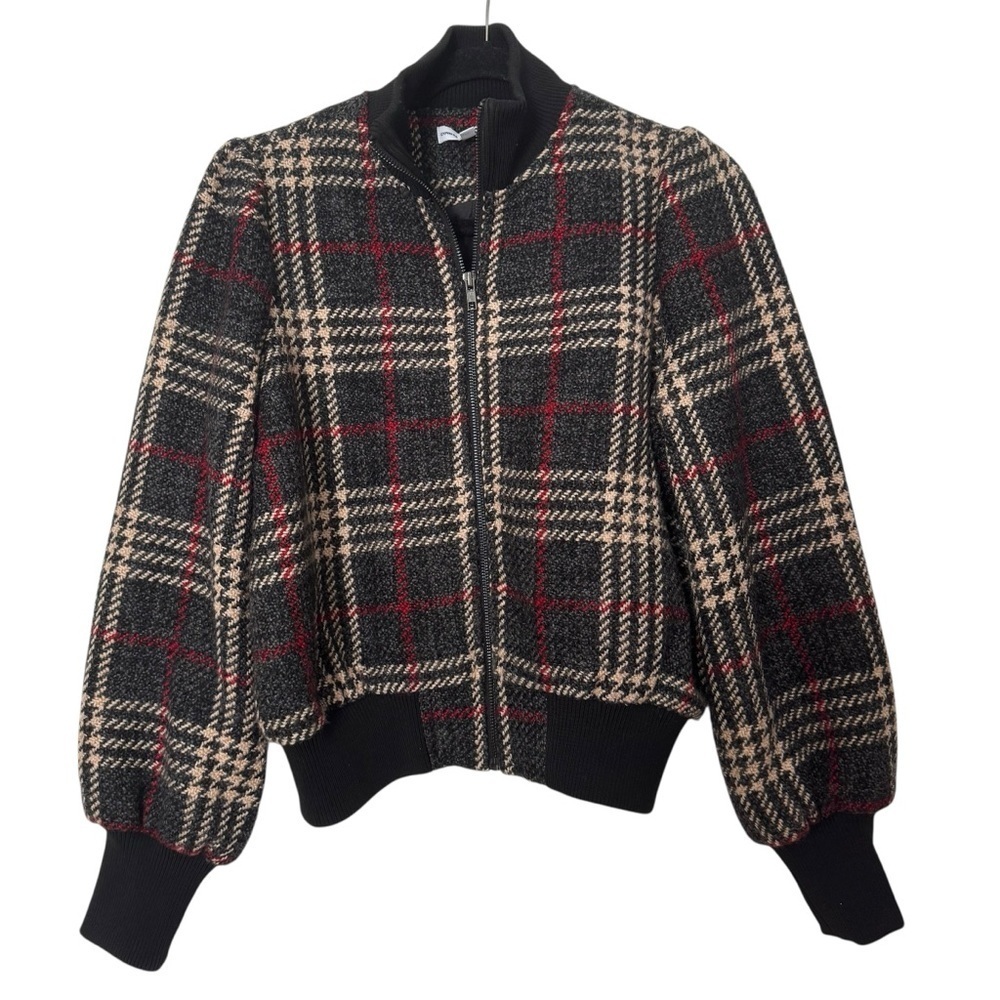 Express x Negin Mirsalehi Black and Red Plaid Wool Blend Small Bomber Jacket